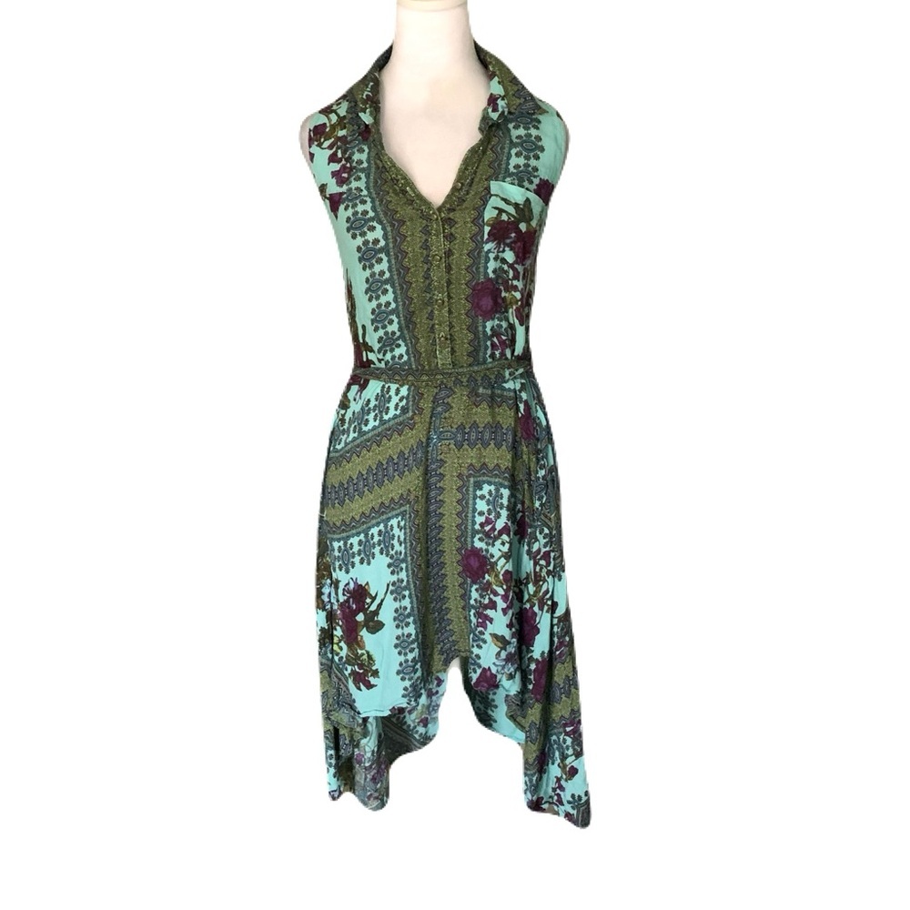Aratta Silent Journey XS Sleeveless Green Turquoise Floral Print Scarf Hem Dress
